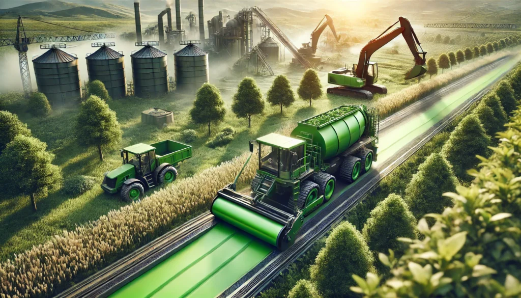 An industrial scene featuring construction and agricultural machinery coated with green, eco-friendly protective layers. The machinery is integrated into a lush green environment, symbolizing sustainable industrial practices.