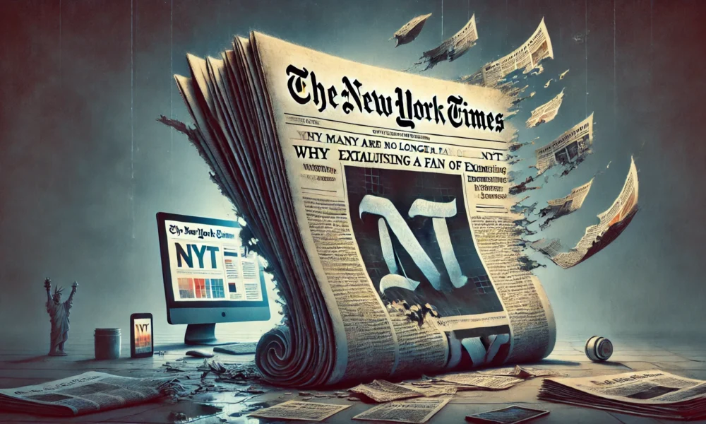 A crumpled New York Times newspaper lies in the foreground, symbolizing its decline. Behind it, a computer and smartphone display alternative digital news sources, representing the shift in reader preference towards diverse online media in 2024. The overall mood is somber, with muted colors reflecting disillusionment with traditional journalism. Concept of Why Many Are No Longer a Fan of NYT.