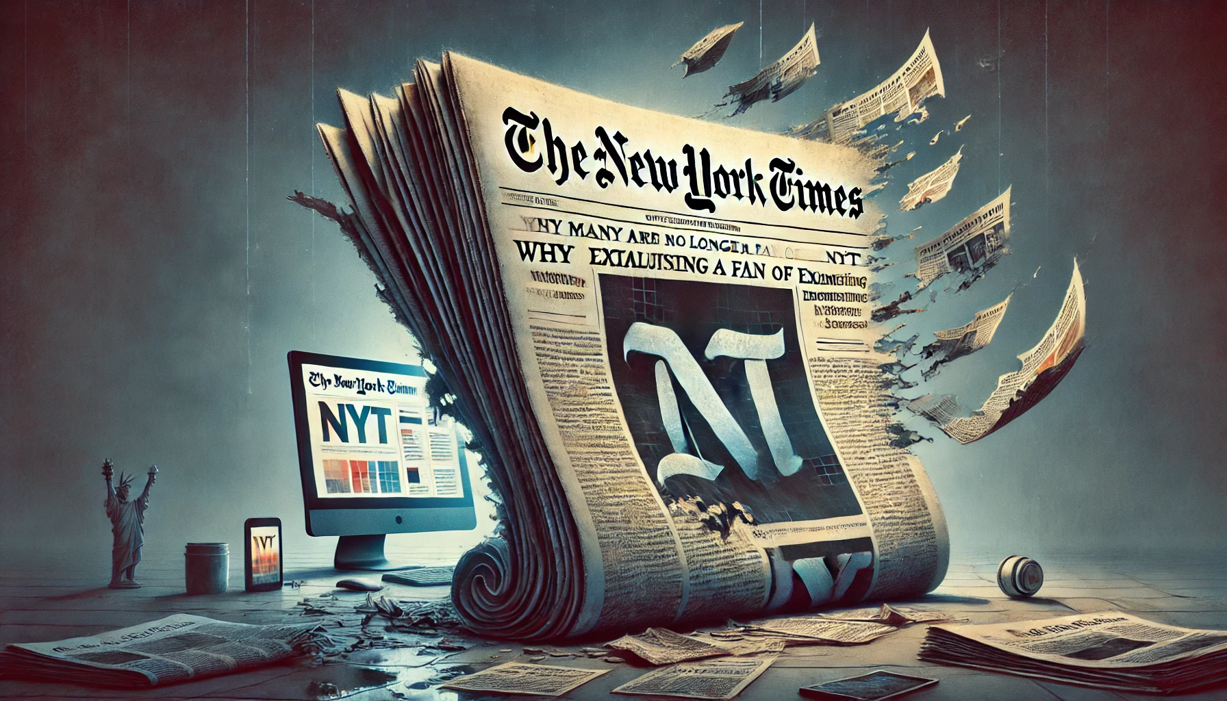 A crumpled New York Times newspaper lies in the foreground, symbolizing its decline. Behind it, a computer and smartphone display alternative digital news sources, representing the shift in reader preference towards diverse online media in 2024. The overall mood is somber, with muted colors reflecting disillusionment with traditional journalism. Concept of Why Many Are No Longer a Fan of NYT.