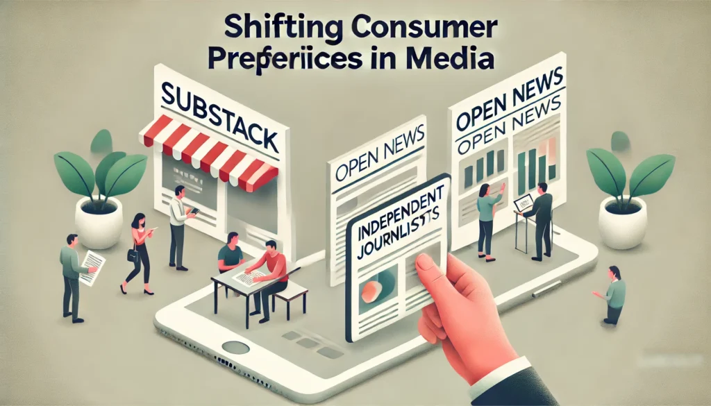 On one side, independent journalists publish on a platform like Substack, while a mobile phone on the other side shows open news from a digital-first platform. The background is clean and minimal, symbolizing the rising trend of digital media consumption.