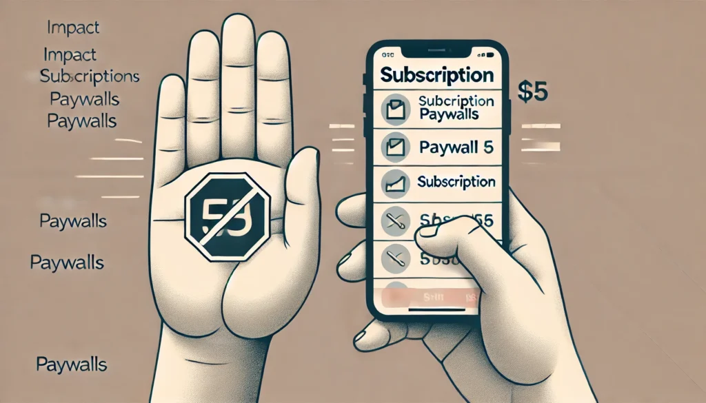 A hand on the left is blocked by a paywall symbol, while a phone screen on the right shows multiple subscription notifications. The background is clean and minimal, emphasizing the challenges of paywalls and subscription fatigue.