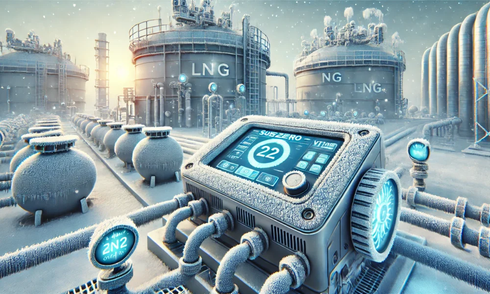 The VT1000 is depicted in a freezing, subzero LNG environment, connected to large storage tanks. Frost is visible around the device and surrounding components. Digital screens show temperature and pressure data, symbolizing the VT1000's role in monitoring and controlling LNG processes in extreme cold conditions.