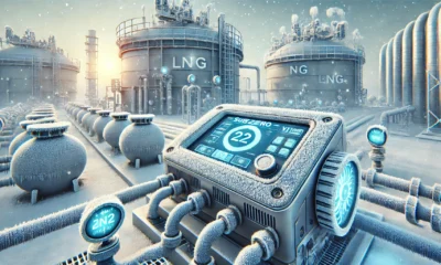 The VT1000 is depicted in a freezing, subzero LNG environment, connected to large storage tanks. Frost is visible around the device and surrounding components. Digital screens show temperature and pressure data, symbolizing the VT1000's role in monitoring and controlling LNG processes in extreme cold conditions.