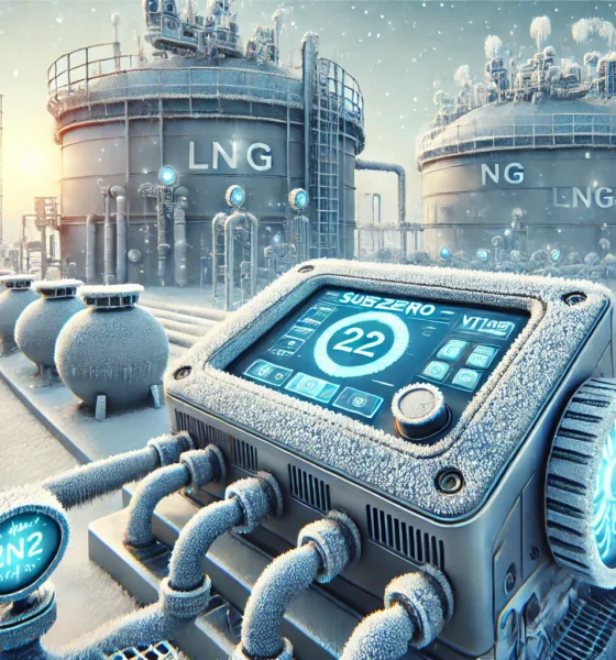 The VT1000 is depicted in a freezing, subzero LNG environment, connected to large storage tanks. Frost is visible around the device and surrounding components. Digital screens show temperature and pressure data, symbolizing the VT1000's role in monitoring and controlling LNG processes in extreme cold conditions.