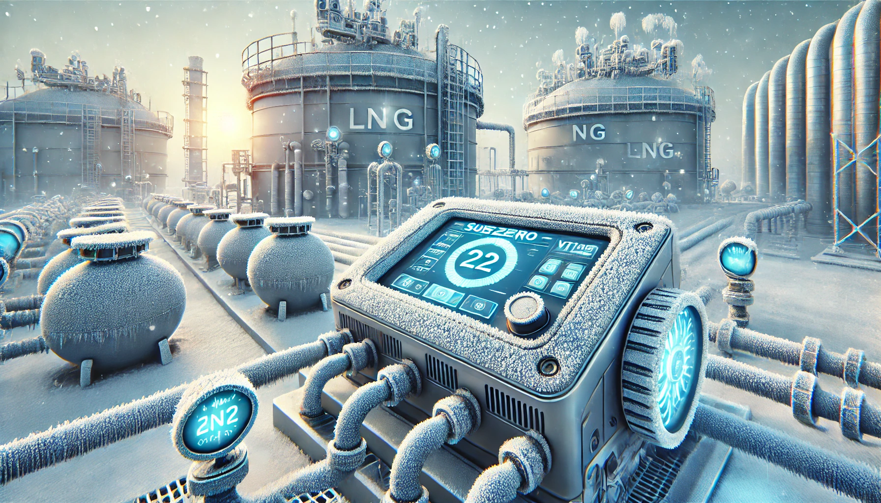 The VT1000 is depicted in a freezing, subzero LNG environment, connected to large storage tanks. Frost is visible around the device and surrounding components. Digital screens show temperature and pressure data, symbolizing the VT1000's role in monitoring and controlling LNG processes in extreme cold conditions.