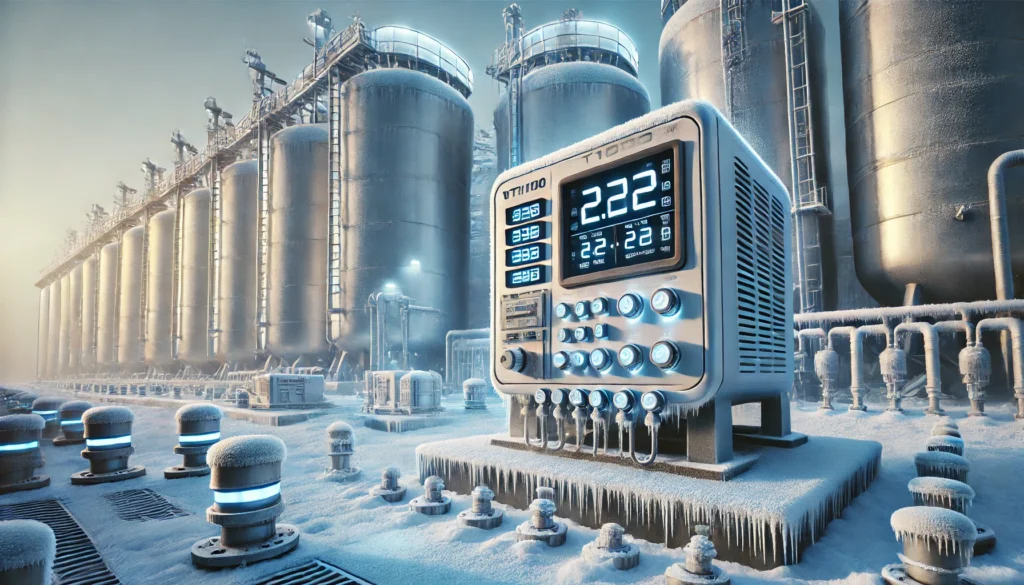 A VT1000 device is shown operating in a freezing LNG environment, surrounded by large storage tanks with frost and ice. Digital displays on the VT1000 show temperature and pressure data, highlighting its importance in managing operations under subzero conditions.