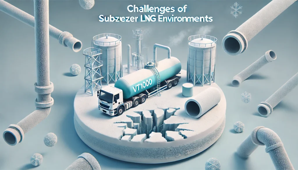 A simple image showing the VT1000 operating smoothly in a frosty LNG environment with storage tanks in the background. On the side, a cracked pipe represents the brittleness of materials under subzero conditions.