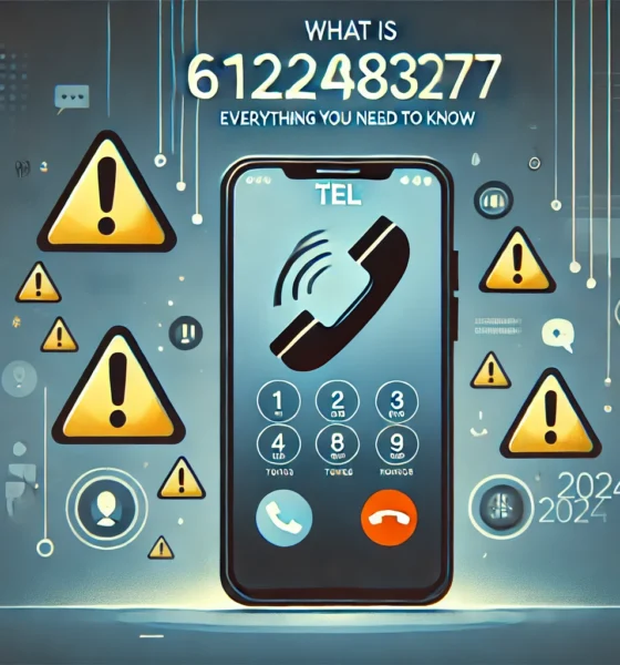 A smartphone is shown receiving a call from the number '6122483277,' with warning icons like exclamation marks, representing the concerns tied to telemarketing and potential scams. The background is modern, featuring subtle icons representing communication and technology. A concept for 6122483277 Tel.