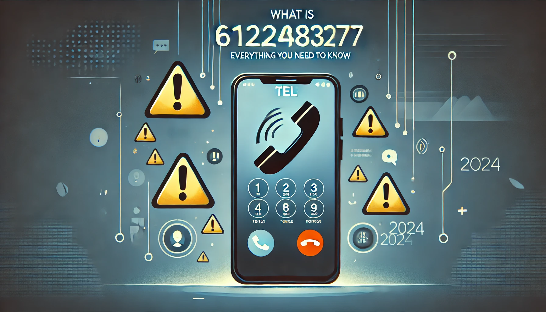 A smartphone is shown receiving a call from the number '6122483277,' with warning icons like exclamation marks, representing the concerns tied to telemarketing and potential scams. The background is modern, featuring subtle icons representing communication and technology. A concept for 6122483277 Tel.