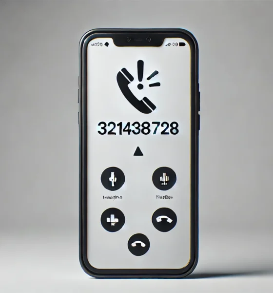 A smartphone showing an incoming call from the number 3214387828 with a large warning exclamation mark icon next to it, representing caution and potential danger with unsolicited calls. The background is clean and minimal.