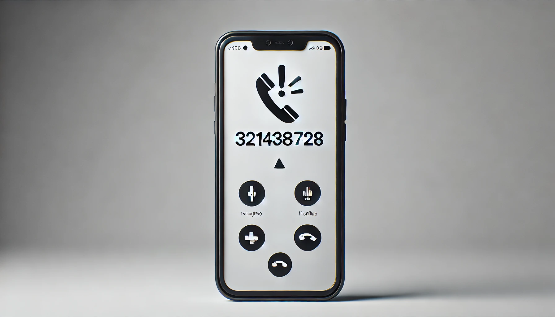 A smartphone showing an incoming call from the number 3214387828 with a large warning exclamation mark icon next to it, representing caution and potential danger with unsolicited calls. The background is clean and minimal.