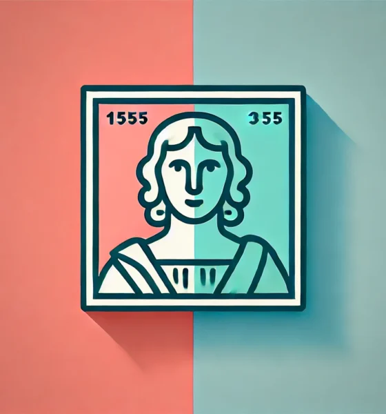 A professional, modern feature image with a split-tone gradient background. The left side is light coral red, transitioning smoothly to sky blue on the right side. In the center is a minimalist icon outlined in deep forest green, symbolizing the historical theme '1555 Portrait Servais Germany.' Light yellow accents highlight parts of the icon, and a soft gray shadow adds subtle depth. The design is clean, versatile, and adaptable for various topics.