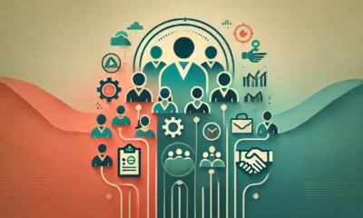 A professional wide-format image with a gradient background transitioning from coral red on the left to sky blue on the right. In the center, a minimalist graphic depicts people working together with a gear, clipboard, and handshake, symbolizing teamwork and service delivery. The icons are in deep forest green with light yellow accents and a subtle shadow for depth. Concept used for How Service Companies Think About New Offerings?