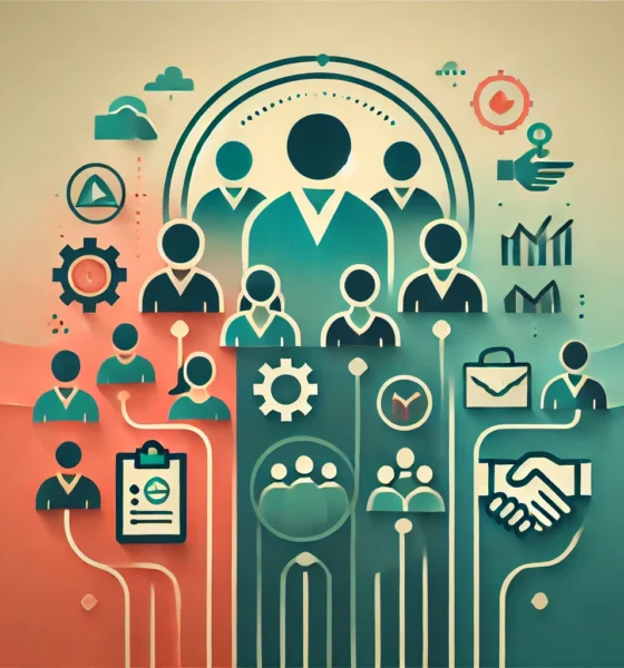 A professional wide-format image with a gradient background transitioning from coral red on the left to sky blue on the right. In the center, a minimalist graphic depicts people working together with a gear, clipboard, and handshake, symbolizing teamwork and service delivery. The icons are in deep forest green with light yellow accents and a subtle shadow for depth. Concept used for How Service Companies Think About New Offerings?