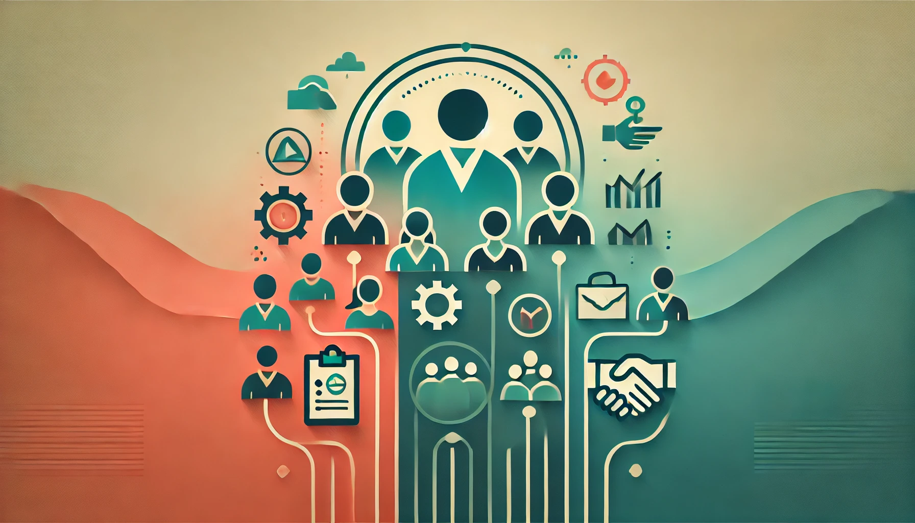 A professional wide-format image with a gradient background transitioning from coral red on the left to sky blue on the right. In the center, a minimalist graphic depicts people working together with a gear, clipboard, and handshake, symbolizing teamwork and service delivery. The icons are in deep forest green with light yellow accents and a subtle shadow for depth. Concept used for How Service Companies Think About New Offerings?