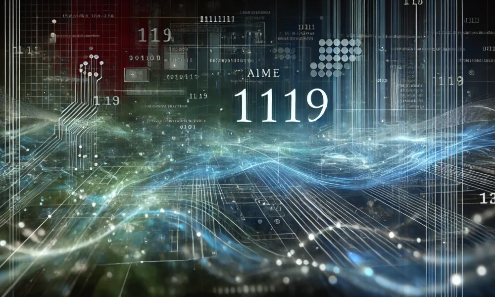 A wide digital-themed image representing the concept "Aime1119" with a futuristic design. The image features abstract glowing lines, circuit patterns, and numbers "1119" subtly integrated into the design, all against a dark background. Shades of blue, green, and teal give the image a high-tech and innovative feel.