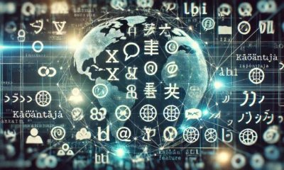 A wide digital-themed image illustrating the concept of "Käöäntäjä" with a focus on global communication and translation. It shows a digital interface with glowing symbols and alphabets from various languages blending into a globe-like structure, connected by bright lines. The image has a dark background with blue, green, and white tones, emphasizing a modern and tech-focused atmosphere.