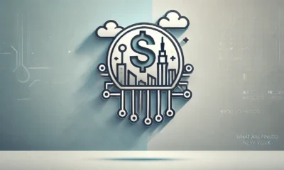 A minimalist, wide-format image with a gradient background transitioning from light steel blue to soft silver. Centered is a stylized icon of a New York skyline with a dollar sign and tech circuit pattern, symbolizing fintech startups. The icon is outlined in dark slate gray with soft gold accents and has a subtle shadow beneath it. Concept Used For fintech startups new york.