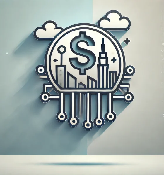 A minimalist, wide-format image with a gradient background transitioning from light steel blue to soft silver. Centered is a stylized icon of a New York skyline with a dollar sign and tech circuit pattern, symbolizing fintech startups. The icon is outlined in dark slate gray with soft gold accents and has a subtle shadow beneath it. Concept Used For fintech startups new york.