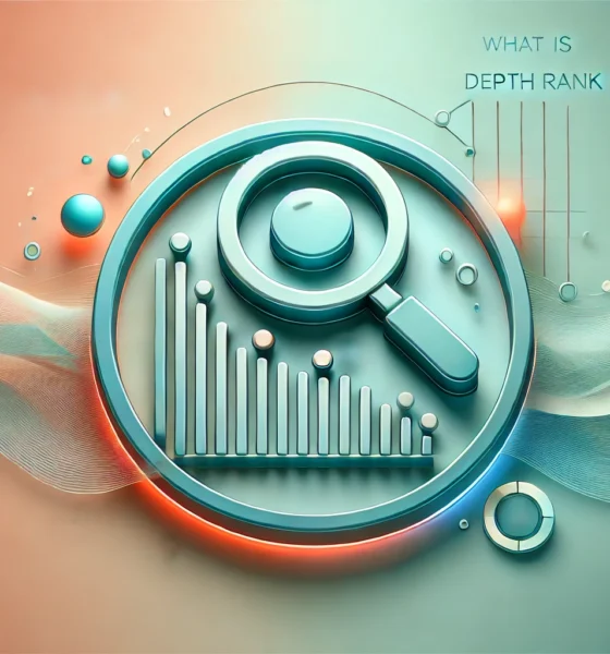 A minimalist, wide-format image with a gradient background transitioning from soft coral to light turquoise. In the center, a stylized icon featuring a magnifying glass over a layered graph symbolizes search ranking analysis. The icon is outlined in deep teal with bright orange accents and a light shadow beneath it. Concept Used For gclick depth rank.