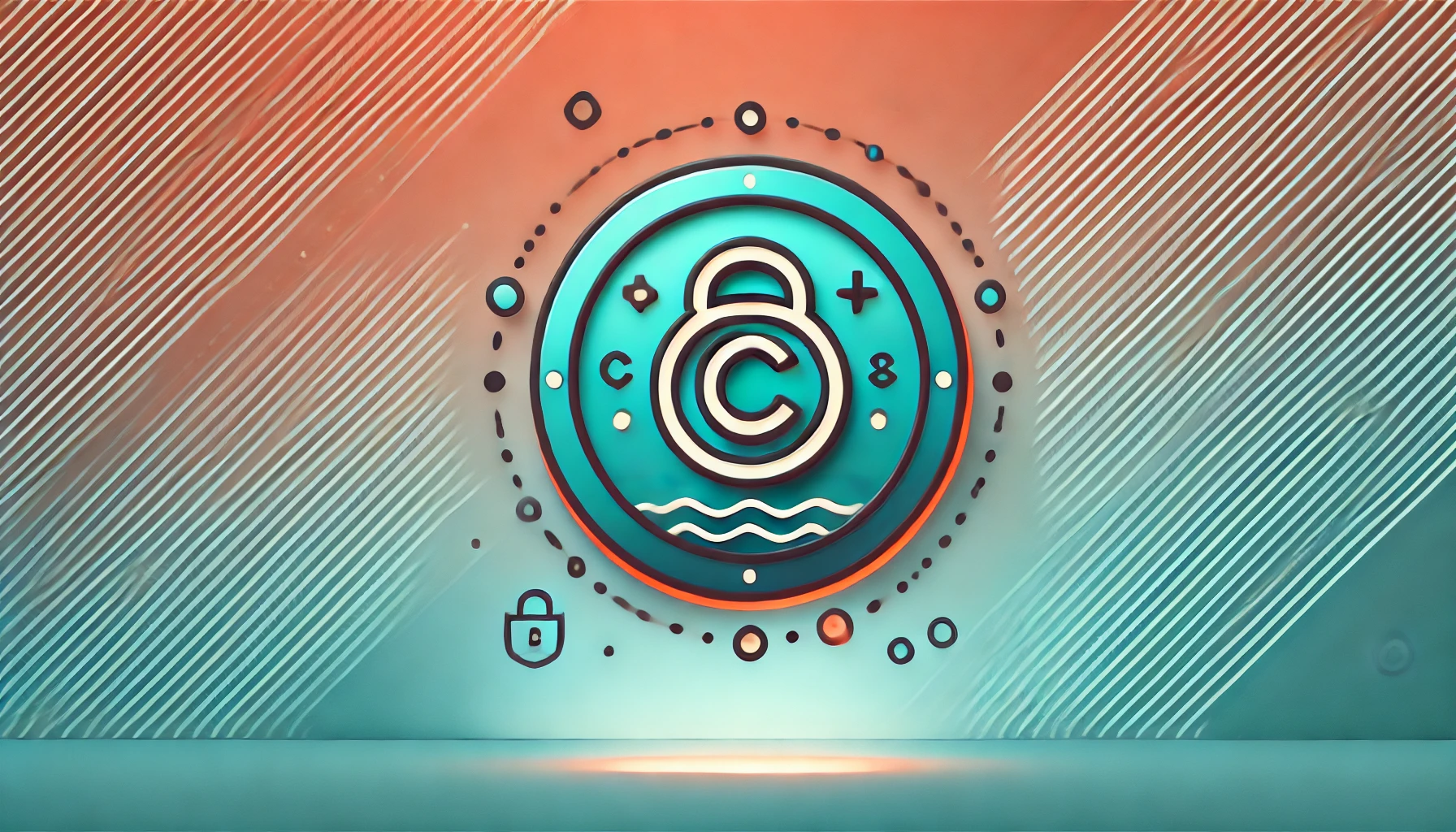 A minimalist, wide-format image with a gradient background transitioning from soft coral to light turquoise. In the center is an icon that combines a copyright © symbol, a shield, and a padlock, representing the protection of intellectual property and creative rights. The icon is outlined in deep teal with bright orange accents, and a light shadow beneath it adds subtle depth. Concept Used For can you reference non copyrighted photos as your own.