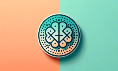 A minimalist, wide-format image with a gradient background transitioning from soft coral to light turquoise. Centered is an icon of a stylized brain with a digital grid pattern, representing mindfulness and digital content. The icon is outlined in deep teal with bright orange accents and a light shadow beneath it. Concept Used For digital contentmindful.