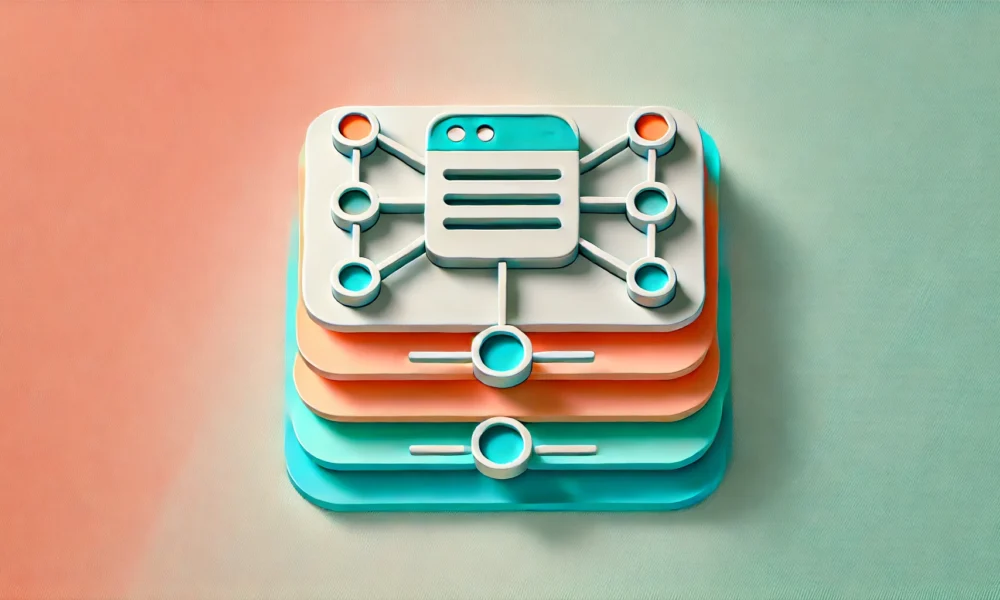 A minimalist, wide-format image with a gradient background transitioning from soft coral to light turquoise. Centered is an icon depicting layered pages to symbolize 'page depth' and a connected node diagram to represent 'structure,' illustrating their differences. The icon is outlined in deep teal with bright orange accents and has a subtle shadow beneath it. Concept Used For page depth vs structure.