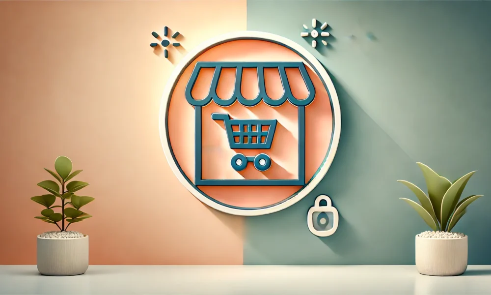 A minimalist, wide-format image with a gradient background transitioning from light peach to soft mint green, representing "Best E-Commerce Platforms for Small Businesses." Centered is an icon of a stylized storefront with an "open" sign and a shopping cart, symbolizing e-commerce solutions for small businesses. The icon is outlined in medium navy blue with warm amber accents and a light shadow beneath it.