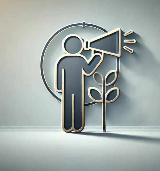 A minimalist, wide-format image featuring a soft gradient background transitioning from light steel blue on the left to soft silver on the right. In the center, an abstract figure with a megaphone represents early-stage startup marketing roles. The icon has a dark slate gray outline with subtle soft gold accents and a light gray shadow for depth. Concept Used For Early Stage Startup Marketing Roles.