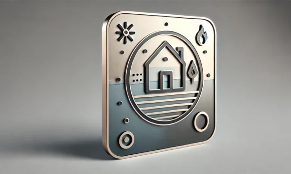 A minimalist wide-format image with a soft gradient background transitioning from light steel blue to soft silver. In the center, a flat icon depicts a house surrounded by open space, representing wildfire defense and protection. The icon is outlined in dark slate gray with subtle gold accents, creating a modern and professional look. Concept Used For Firebreak Startup.