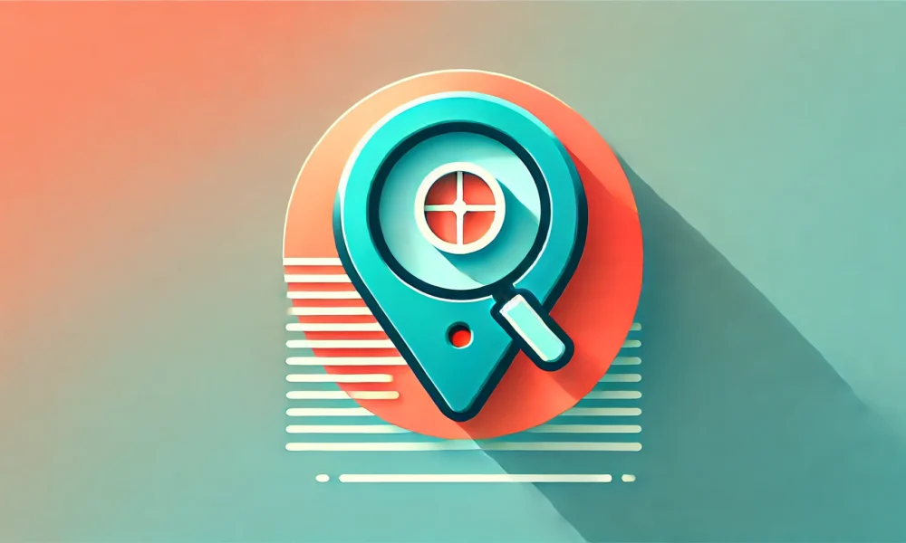 A minimalist wide-format image with a gradient background transitioning from soft coral to light turquoise. In the center, a flat icon combines a map pin and a magnifying glass, symbolizing location-based search challenges. The icon is outlined in deep teal with bright orange accents, creating a modern and dynamic look. Concept Used For How to Overcome Website Proximity Search.