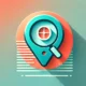 A minimalist wide-format image with a gradient background transitioning from soft coral to light turquoise. In the center, a flat icon combines a map pin and a magnifying glass, symbolizing location-based search challenges. The icon is outlined in deep teal with bright orange accents, creating a modern and dynamic look. Concept Used For How to Overcome Website Proximity Search.