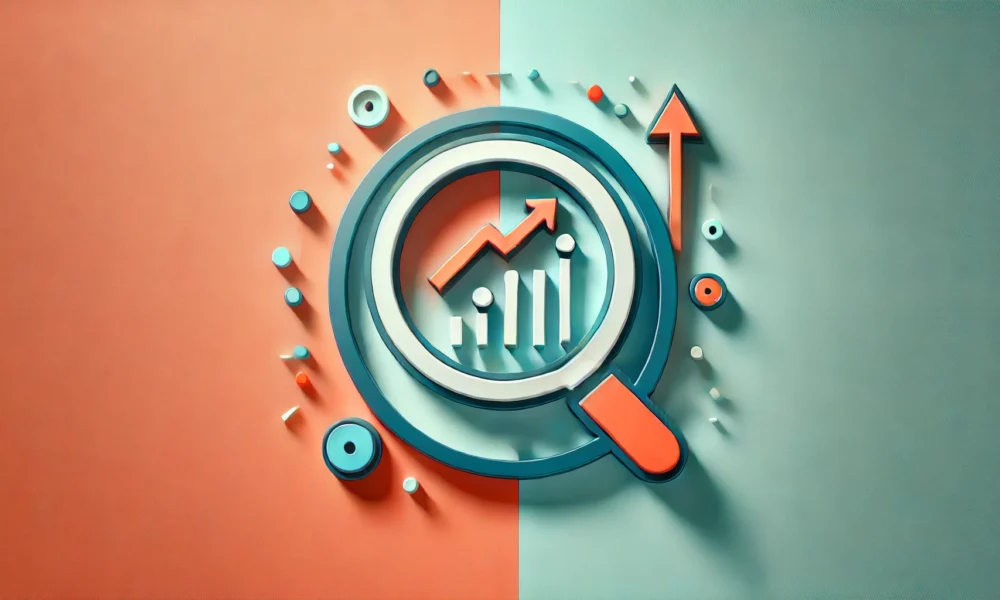 A minimalist wide-format image with a gradient background transitioning from soft coral to light turquoise. In the center, a flat icon combines a magnifying glass with an upward arrow, symbolizing search optimization and data-driven improvements. The icon is outlined in deep teal with bright orange accents, creating a modern and dynamic look. Concept Used For Search Behavior in Digital Marketing.