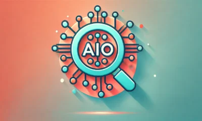 A minimalist wide-format image with a gradient background transitioning from soft coral to light turquoise. In the center, a flat icon features a magnifying glass with circuitry lines, symbolizing AI-driven search optimization. The icon is outlined in deep teal with bright orange accents, creating a modern and dynamic look. Concept Used For AIO Search.