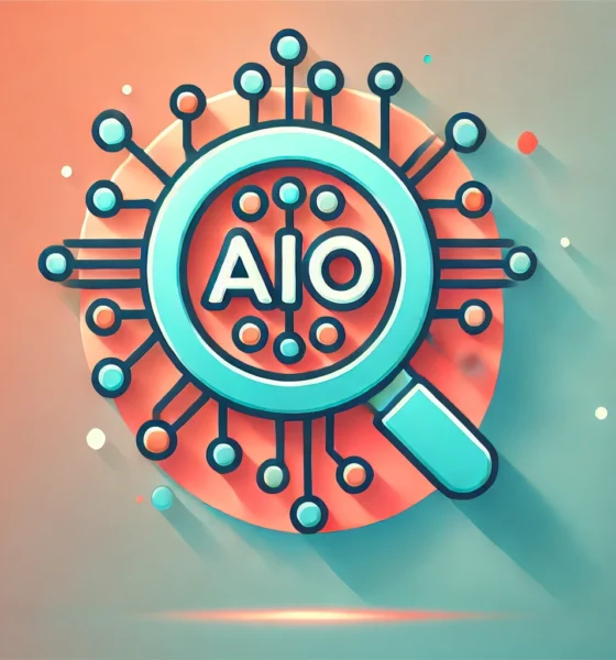 A minimalist wide-format image with a gradient background transitioning from soft coral to light turquoise. In the center, a flat icon features a magnifying glass with circuitry lines, symbolizing AI-driven search optimization. The icon is outlined in deep teal with bright orange accents, creating a modern and dynamic look. Concept Used For AIO Search.