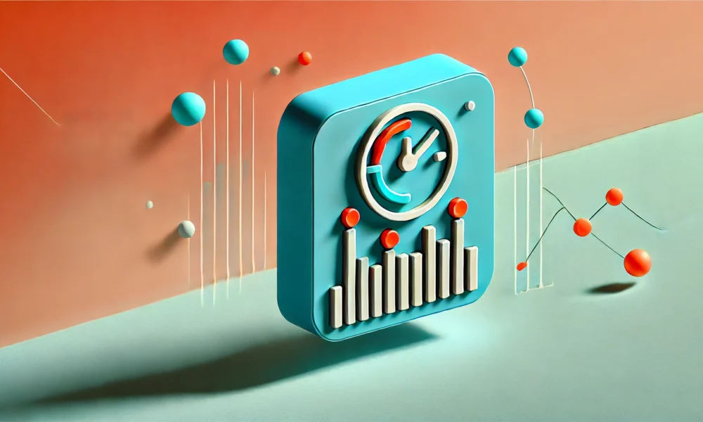 A minimalist wide-format image with a gradient background transitioning from soft coral to light turquoise. In the center, a flat icon combines a bar chart and a clock, symbolizing the analysis of historical data over time. The icon is outlined in deep teal with bright orange accents, creating a clean and modern look. Concept Used For Universal Analytics Historical Data.