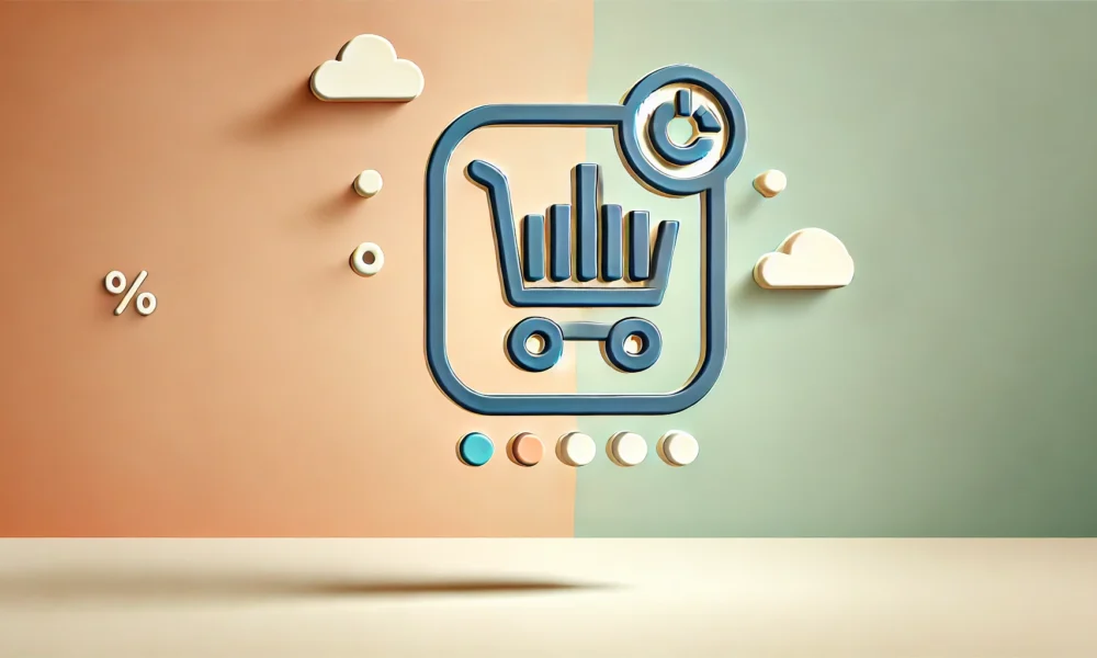 A minimalist wide-format image with a gradient background transitioning from light peach to soft mint green. In the center, a flat icon combines a shopping cart and a bar chart, symbolizing e-commerce analytics tools. The icon is outlined in medium navy blue with warm amber accents, creating a clean and inviting look.