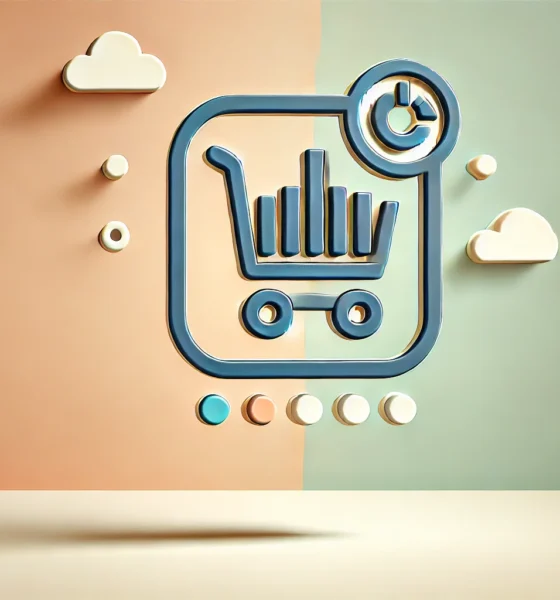 A minimalist wide-format image with a gradient background transitioning from light peach to soft mint green. In the center, a flat icon combines a shopping cart and a bar chart, symbolizing e-commerce analytics tools. The icon is outlined in medium navy blue with warm amber accents, creating a clean and inviting look.