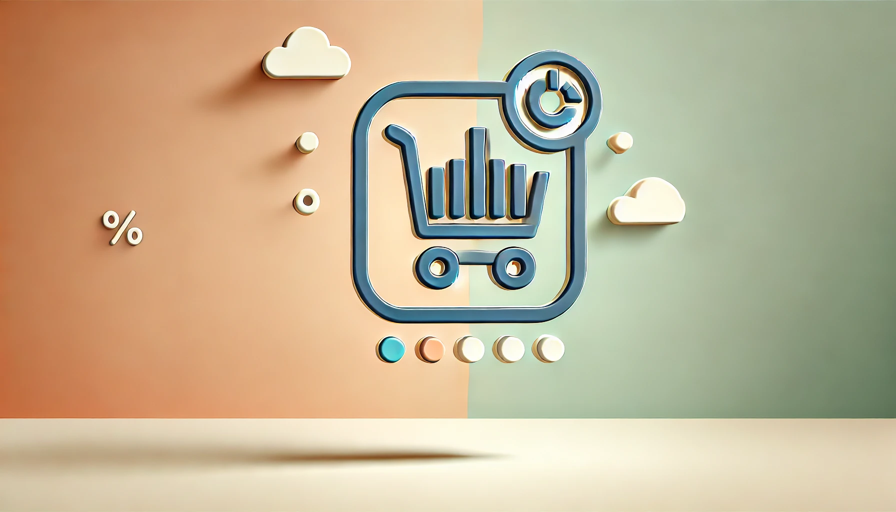 A minimalist wide-format image with a gradient background transitioning from light peach to soft mint green. In the center, a flat icon combines a shopping cart and a bar chart, symbolizing e-commerce analytics tools. The icon is outlined in medium navy blue with warm amber accents, creating a clean and inviting look.