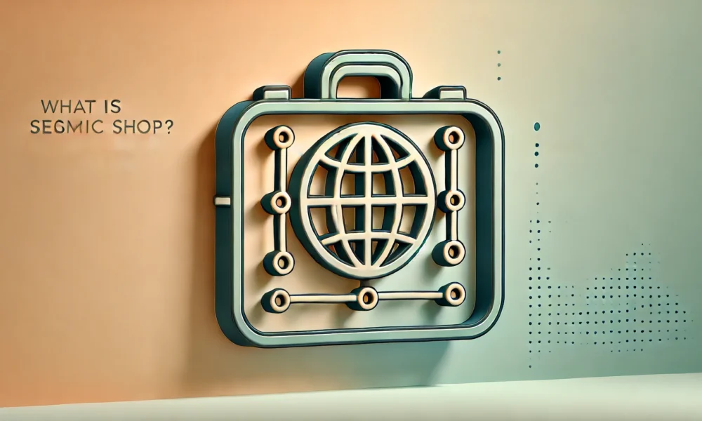 Wide-format image with a gradient background blending light peach and mint green. In the center is a minimalistic briefcase icon with a globe design, outlined in navy blue with amber accents and a soft gray shadow for depth. Concept Used For Seismicpost.shop.