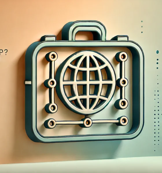 Wide-format image with a gradient background blending light peach and mint green. In the center is a minimalistic briefcase icon with a globe design, outlined in navy blue with amber accents and a soft gray shadow for depth. Concept Used For Seismicpost.shop.