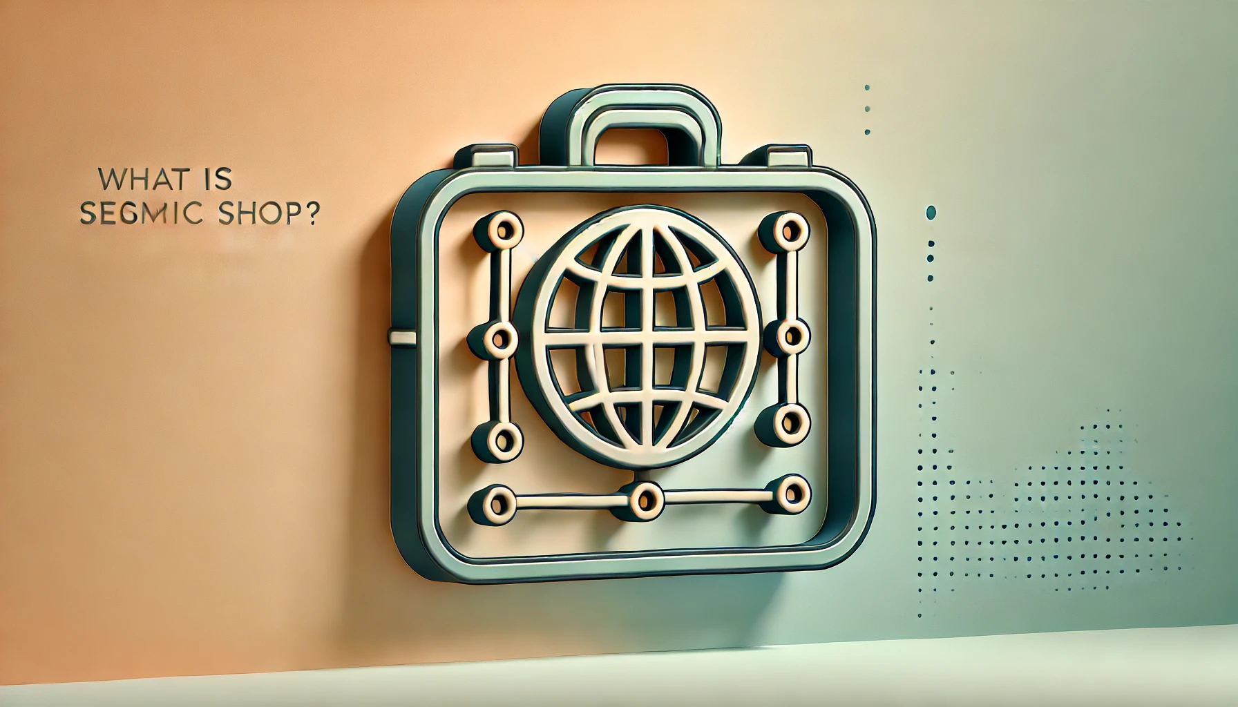 Wide-format image with a gradient background blending light peach and mint green. In the center is a minimalistic briefcase icon with a globe design, outlined in navy blue with amber accents and a soft gray shadow for depth. Concept Used For Seismicpost.shop.