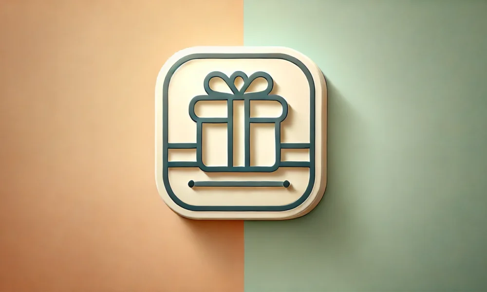 Wide-format feature image with a gradient background blending light peach and mint green. A gift box icon with a ribbon, outlined in navy blue, has small amber accents and a subtle shadow beneath it for depth. Concept is Used For Gift1.shop.