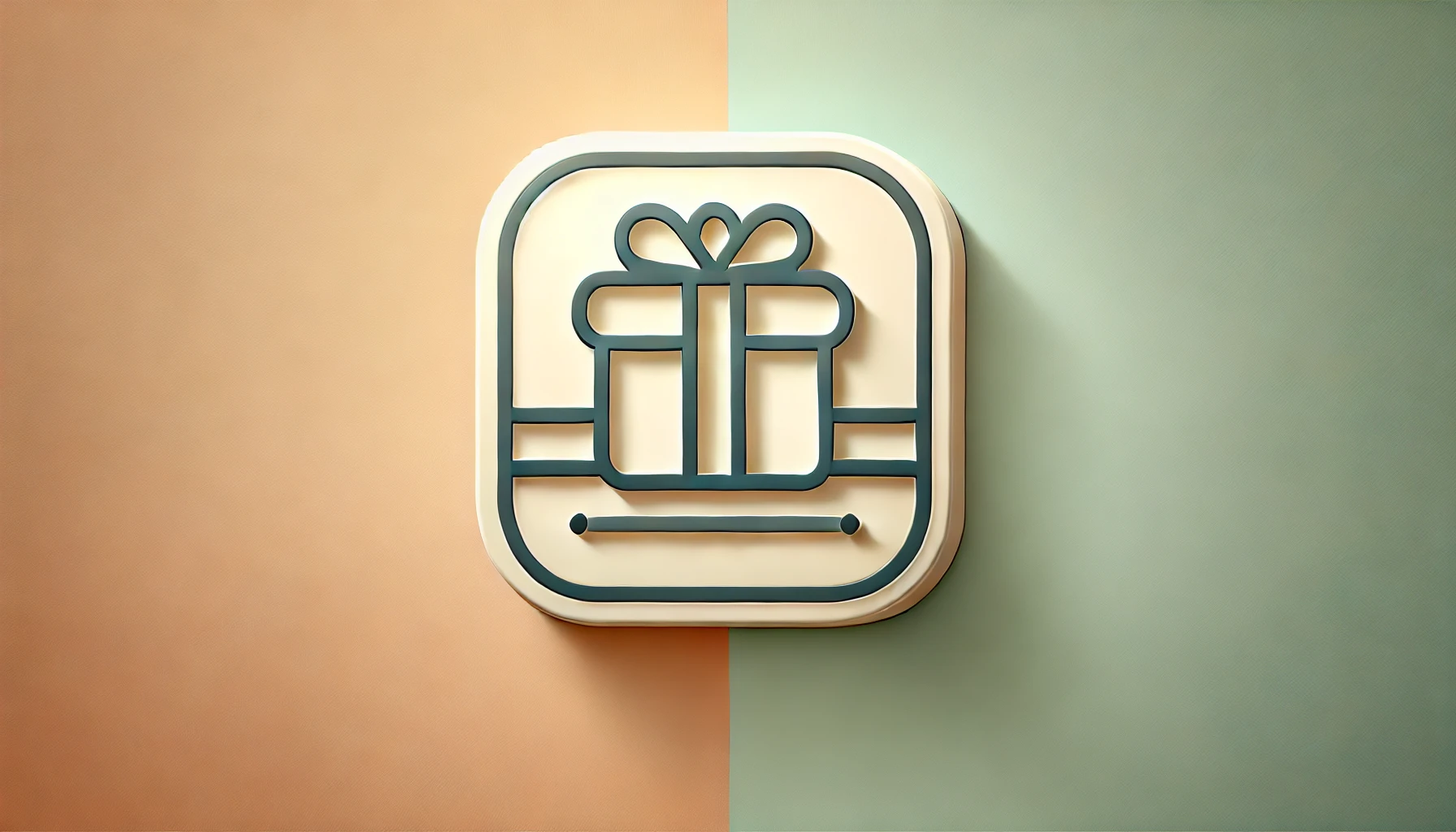 Wide-format feature image with a gradient background blending light peach and mint green. A gift box icon with a ribbon, outlined in navy blue, has small amber accents and a subtle shadow beneath it for depth. Concept is Used For Gift1.shop.