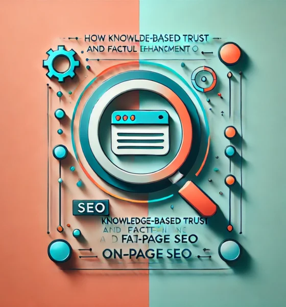 Wide-format feature image with a gradient background blending soft coral and light turquoise. In the center, a minimalistic icon of a magnifying glass over a webpage, outlined in deep teal with bright orange accents, symbolizes SEO and data accuracy.