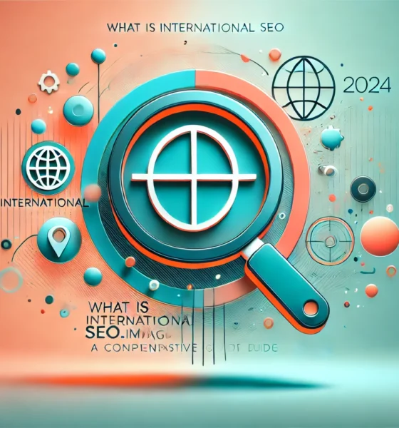 Wide-format feature image with a gradient background blending soft coral and light turquoise. Two SVG-style icons are centered: a globe with interconnected lines symbolizing global SEO, and a magnifying glass overlaying an image icon, emphasizing search optimization through visuals. Both icons are outlined in deep teal with bright orange accents, with a soft shadow beneath them for subtle depth. Concept used for International SEO Image.svg.