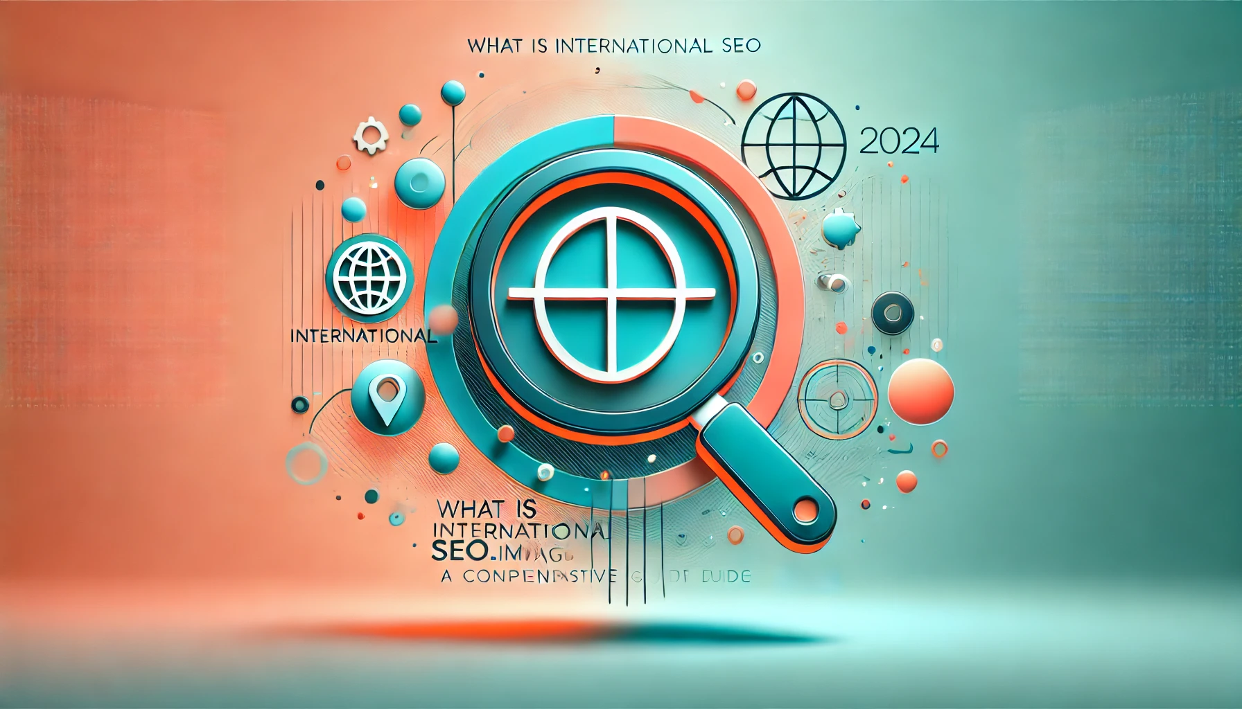 Wide-format feature image with a gradient background blending soft coral and light turquoise. Two SVG-style icons are centered: a globe with interconnected lines symbolizing global SEO, and a magnifying glass overlaying an image icon, emphasizing search optimization through visuals. Both icons are outlined in deep teal with bright orange accents, with a soft shadow beneath them for subtle depth. Concept used for International SEO Image.svg.