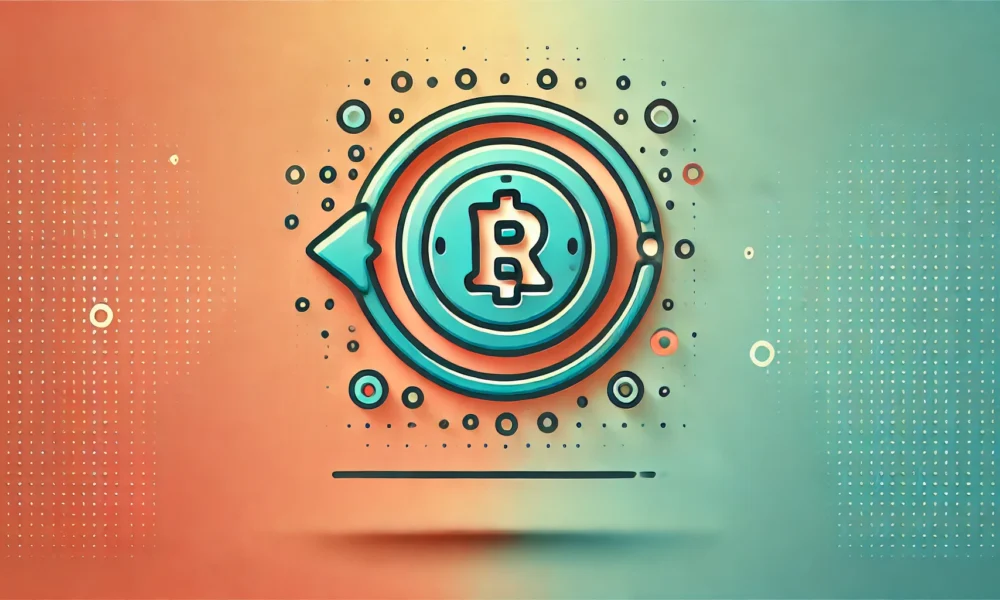 Wide-format feature image with a gradient background blending soft coral and light turquoise. A flat icon in the center combines a coin with a looping arrow, symbolizing revenue sharing. The icon is outlined in deep teal with bright orange accents and has a soft shadow beneath for subtle depth. Concept Used For Monetizer Revshare.