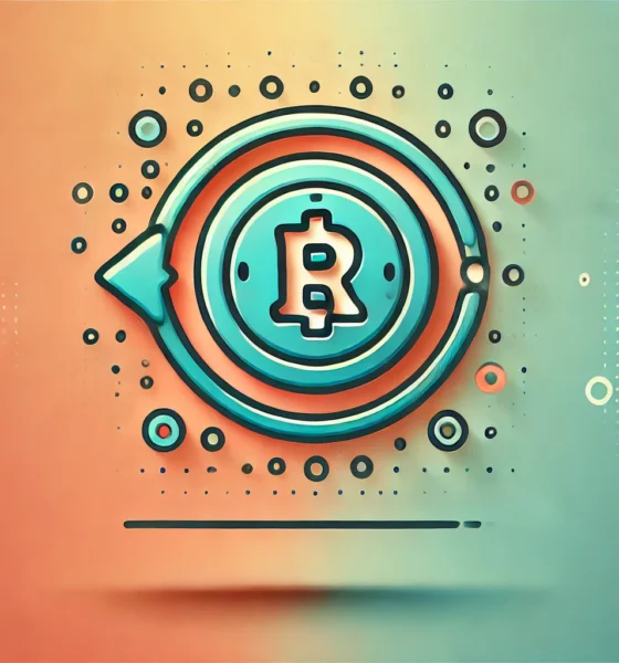 Wide-format feature image with a gradient background blending soft coral and light turquoise. A flat icon in the center combines a coin with a looping arrow, symbolizing revenue sharing. The icon is outlined in deep teal with bright orange accents and has a soft shadow beneath for subtle depth. Concept Used For Monetizer Revshare.