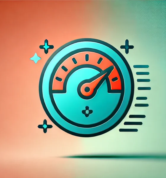 Wide-format image with a gradient background blending soft coral and light turquoise. A minimalist speedometer icon with a pointer indicating high performance is centered, symbolizing web optimization and speed testing. The icon uses a deep teal outline with bright orange accents and a soft shadow beneath for subtle depth. Concept Used For GMetrix Speed.